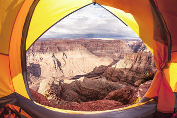 Camping in Grand Canyon: an open tent with a stunning view