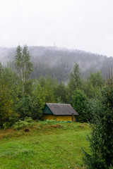 Mornings cool house in the forest fog and steam