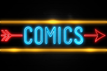 Fototapeta na wymiar Comics - fluorescent Neon Sign on brickwall Front view