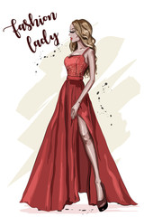 Obraz na płótnie Canvas Beautiful young woman in red dress. Hand drawn girl in fashion clothes. Stylish fashion model. Sketch. Vector illustration.