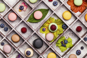 Variety of colorful french sweet dessert - les macarons with flowers and berries.