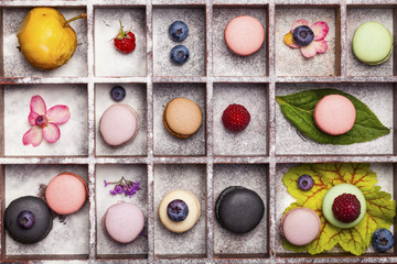 Variety of colorful french sweet dessert - les macarons with flowers and berries.