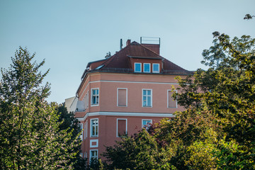 pink building inbetween of green trees