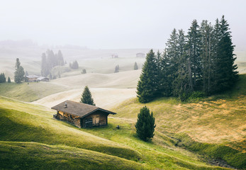 Alpe di Siusi (Seisser Alm) meadows and traditional old mountain chalets on foggy sunrise. Trentino Alto Adidge, Italy.