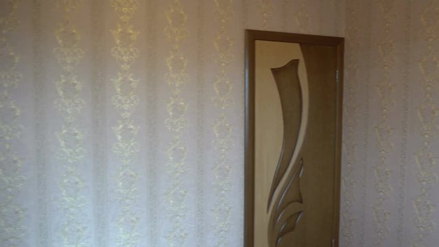 The Interior Of The Room After Renovation, The Beautiful Brown Door And Gold Wallpaper.