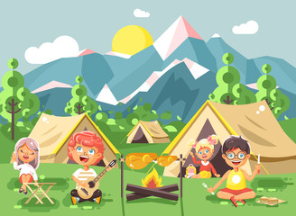 Obraz na płótnie Canvas hildren boy sings playing guitar with girl scouts, camping on nature, hike tents and backpacks, adventure park outdoor background of mountains flat style