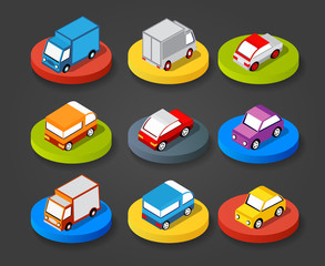 Isometric set cars and trucks transport infrastructure of the town