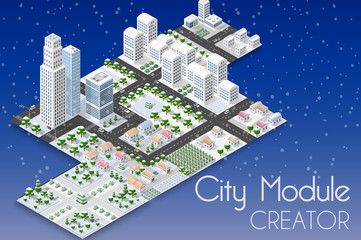 City winter landscape isometric town with houses and skyscrapers, factories and plants, expressway with cars