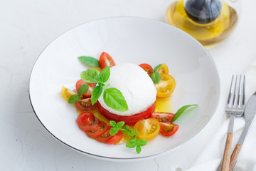 Caprese salad with red and yellow tomatoes, mozarella, basil and olive oil. Close view. White background