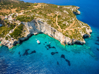 Aerial  view of  Agios Nikolaos blue caves  in Zakynthos (Zante) island, in Greece