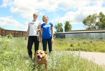 Female volunteers walking dog on the territory of animal shelter