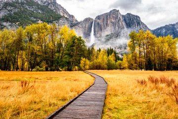 Fotobehang Weide met promenade in Yosemite National Park Valley in de herfst © haveseen