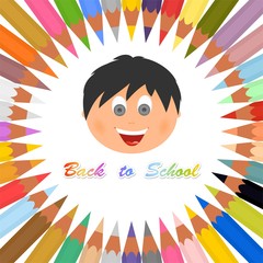 Back to school poster with colorful crayons in a circle on a white background and colored inscription advancing to a school and with child's happy face in the middle 