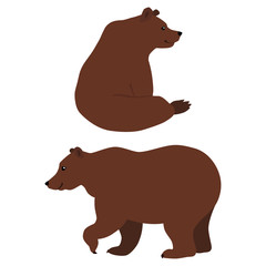 Vector illustration of sitting and walking brown bears isolated on white background
