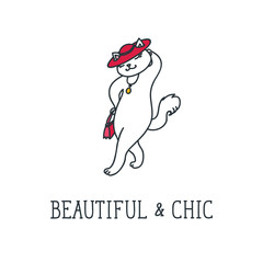 Beautiful and Chic. Doodle illustration of cute white cat in a red hat