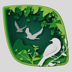 Paper art carve to bird on tree branch in forest at night, origami concept nature and animals idea, vector art and illustration.