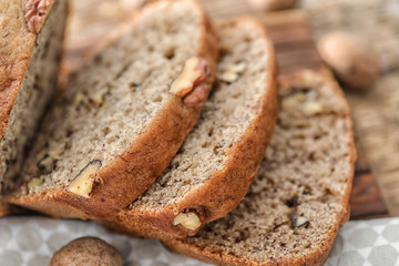 Sliced banana bread with nuts, closeup