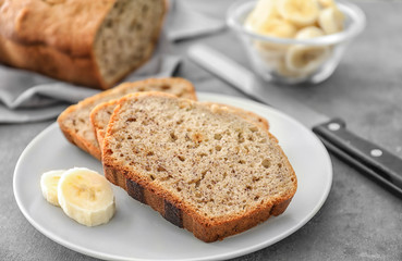 Sliced banana bread on plate