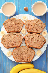 Sliced banana bread on wooden board
