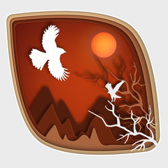 Paper art carve to bird on tree branch in forest at night, origami concept nature and animals idea, vector art and illustration.