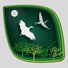 Paper art carve to bird on tree branch in forest at night, origami concept nature and animals idea, vector art and illustration.