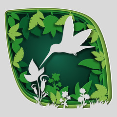 Paper art carve to bird on tree branch in forest at night, origami concept nature and animals idea, vector art and illustration.