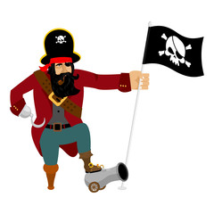 Pirate Hook and cannon. Eye patch and smoking pipe. filibuster cap. Bones and Skull. Head corsair black beard. buccaneer Wooden foot