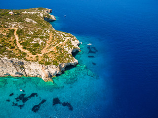 Aerial  view of  Agios Nikolaos blue caves  in Zakynthos (Zante) island, in Greece