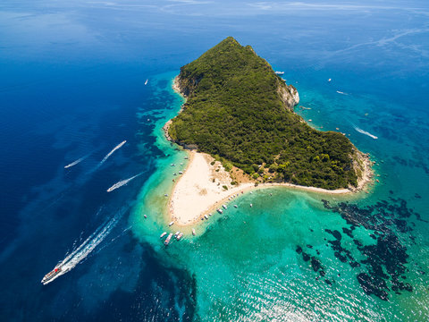 Aerial view of Marathonisi Island in Zakynthos (Zante) island, in Greece
