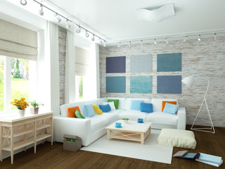 Home interior of modern white living room with sofa and bright decor details