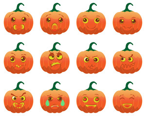 emotions, emoji Halloween cartoon pumpkins vector set 