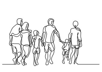 Fototapeta na wymiar continuous line drawing of happy extended family walking