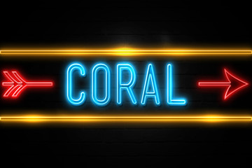 Coral  - fluorescent Neon Sign on brickwall Front view