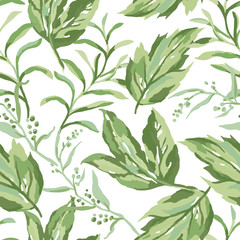 Naklejka na ściany i meble Greenery seamless pattern. Green leaves on the white background. Vector floral print.