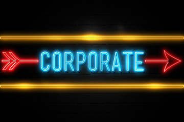 Corporate  - fluorescent Neon Sign on brickwall Front view
