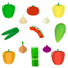 Set of vegetables. Organic vegetarian healthy food isolated on white background. Vector.