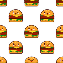 seamless pattern with kawaii burger on white background Flat design Vector Illustration gamburger