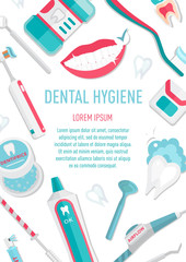 Medical teeth hygiene leaflet A4 and banners template design vector with tools and equipment on blue background. Take care teeth. Concept for your design. Vector illustration art