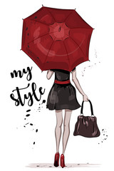 Cute girl with red umbrella. Hand drawn fashion woman. Sketch. Vector illustration.