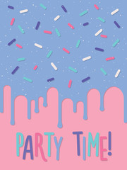 Invitation card with dripping glaze on decorated cake. Party time