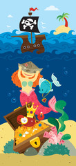 Naklejka premium Mermaid, boat and treasure