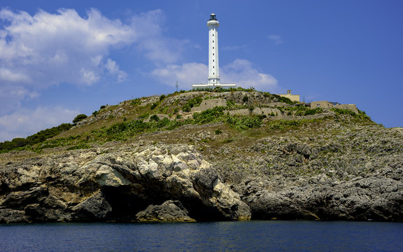 View from the sea the white lighthouse of Santa Maria di Leuca, Apulia - Italy