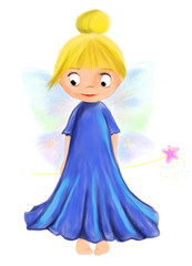 illustrated cute fairy girl in blue dress and wings