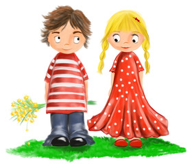 illustrated cute lovers boy with flowers and girl with blond tress 