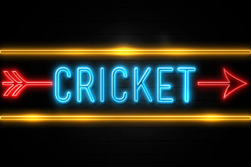 Obraz premium Cricket - fluorescent Neon Sign on brickwall Front view