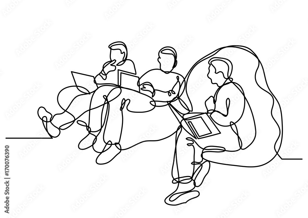 Wall mural continuous line drawing of programmers with laptops sitting on bean bags