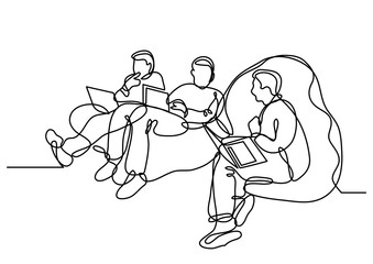 continuous line drawing of programmers with laptops sitting on bean bags