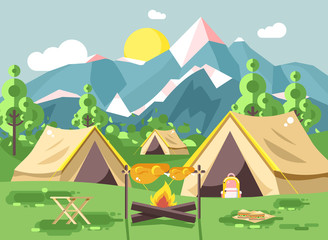 Vector illustration camping with tents on nature, fry chicken meat on open fire bonfire with firewood grill, adventure, park outdoor background of mountains, backdrop trees and sun in flat style