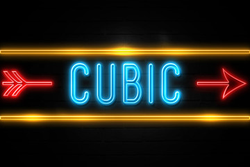 Cubic  - fluorescent Neon Sign on brickwall Front view