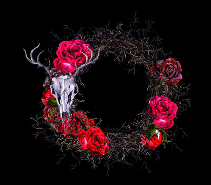 Wreath with deer's skull, red roses, branches. Watercolor border for Halloween